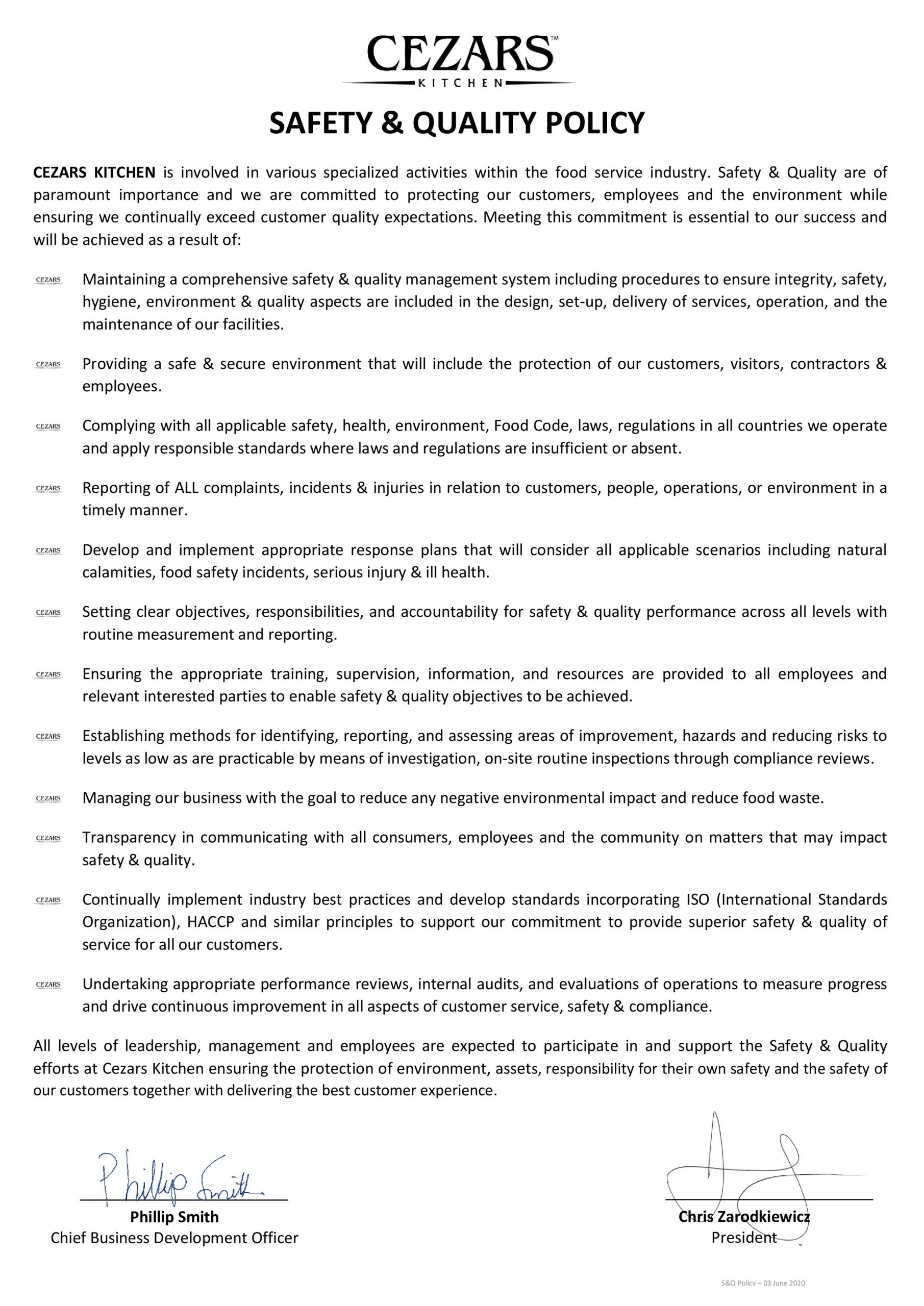 Endorsed Safety & Quality Policy